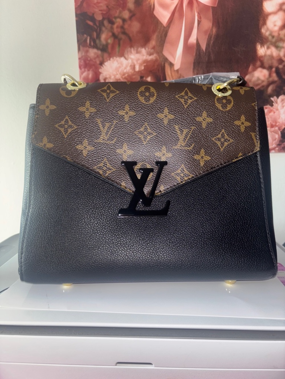 (Inspired)Louis Vuitton Black Leather Shoulder Bag with Brown Monogram Flap